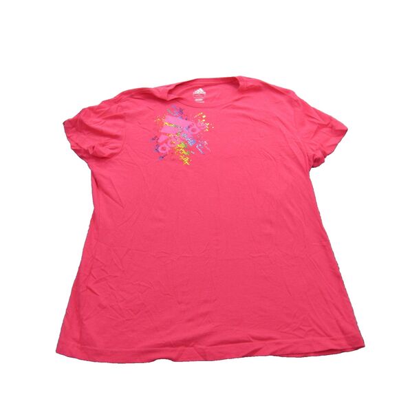 Adidas Shirt Womens XL Pink Rainbow Sequin Logo Graphic Tee Short Sleeve Cotton - Picture 1 of 7
